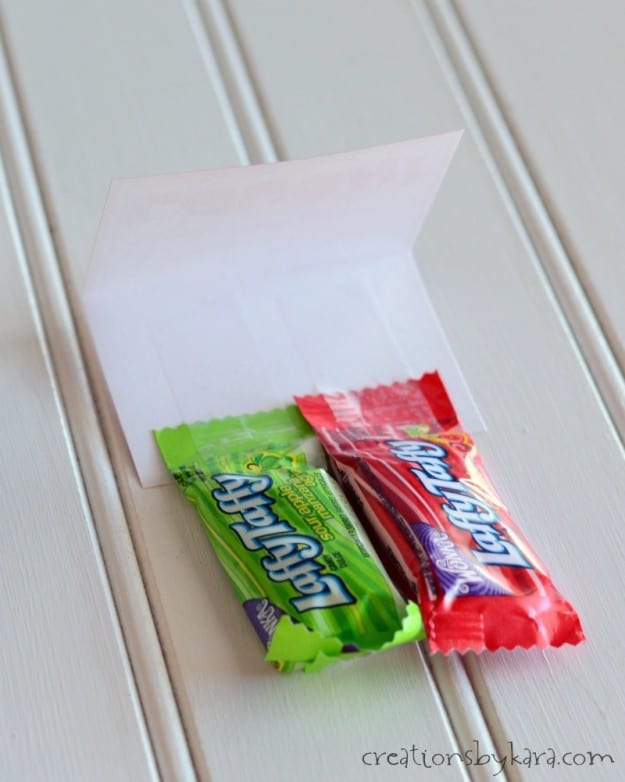 Laffy Taffy taped to a classroom valentine card