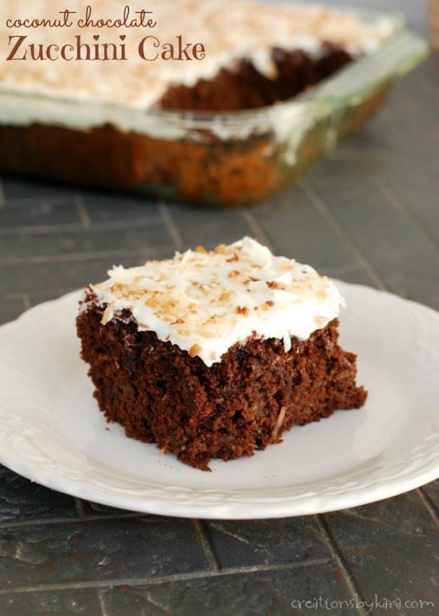 slice of coconut chocolate zucchini cake on a plate