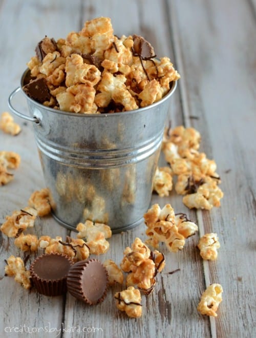 5 ingredient Peanut Butter Cup Popcorn- so addicting!