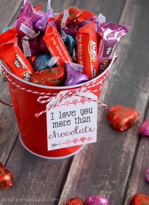 Valentine gift baskets filled with chocolate- includes free printable tags!