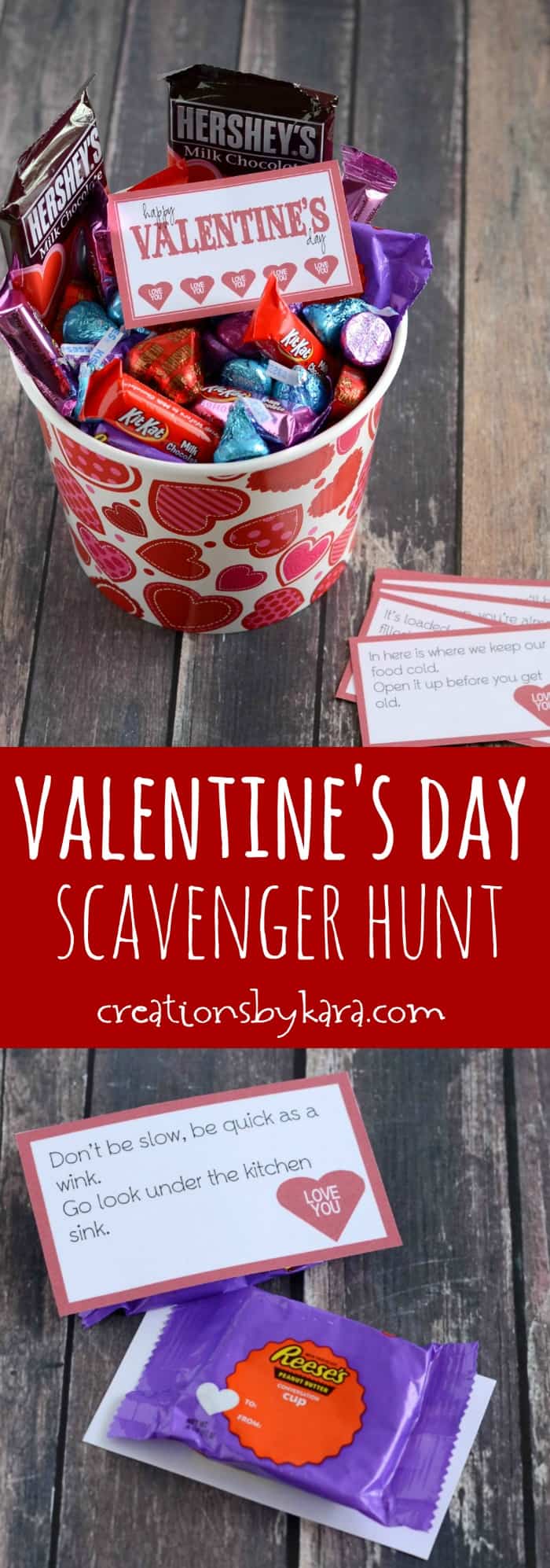 Valentines Day scavenger hunt clues with candy
