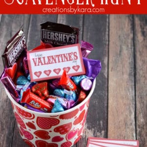 valentine scavenger hunt clues and basket of candy