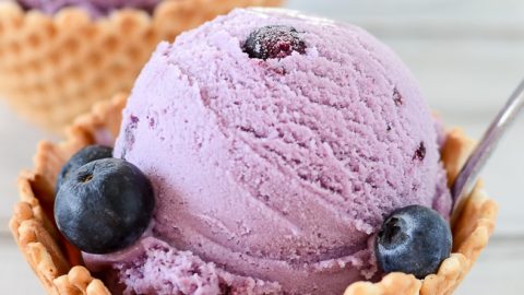 Disher Scoop with Blueberry Ice Cream Over Bowl Stock Image