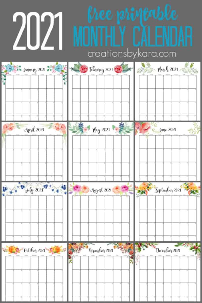 Floral Monthly 21 Calendar Printable Creations By Kara