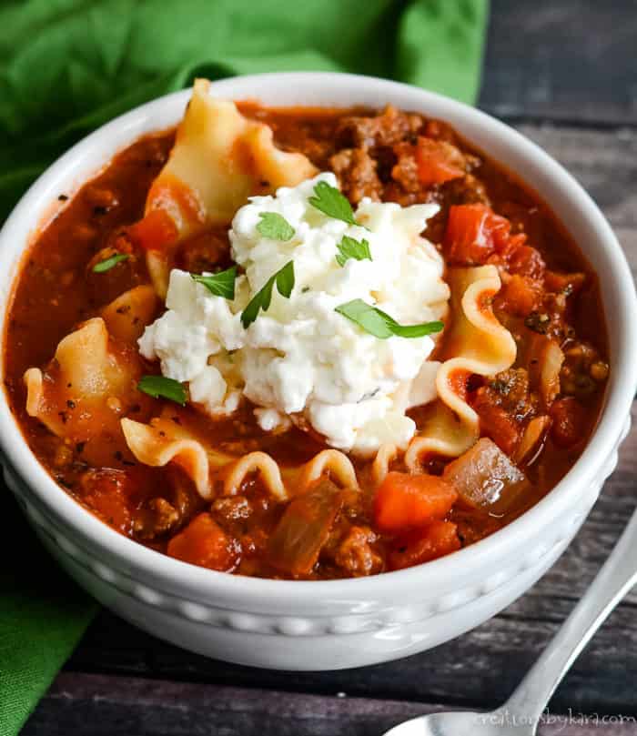 Easy One Pot Lasagna Soup Recipe - Creations by Kara