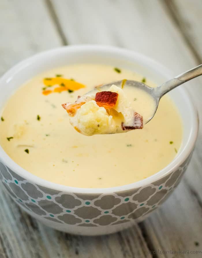 Cheesy Cream of Cauliflower Soup (keto friendly) - Creations by Kara