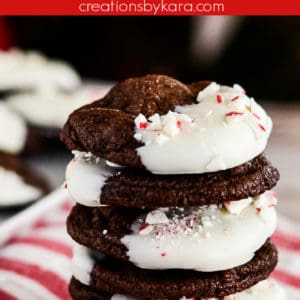 white chocolate dipped peppermint chocolate cookies sprinkled with candy cane bits