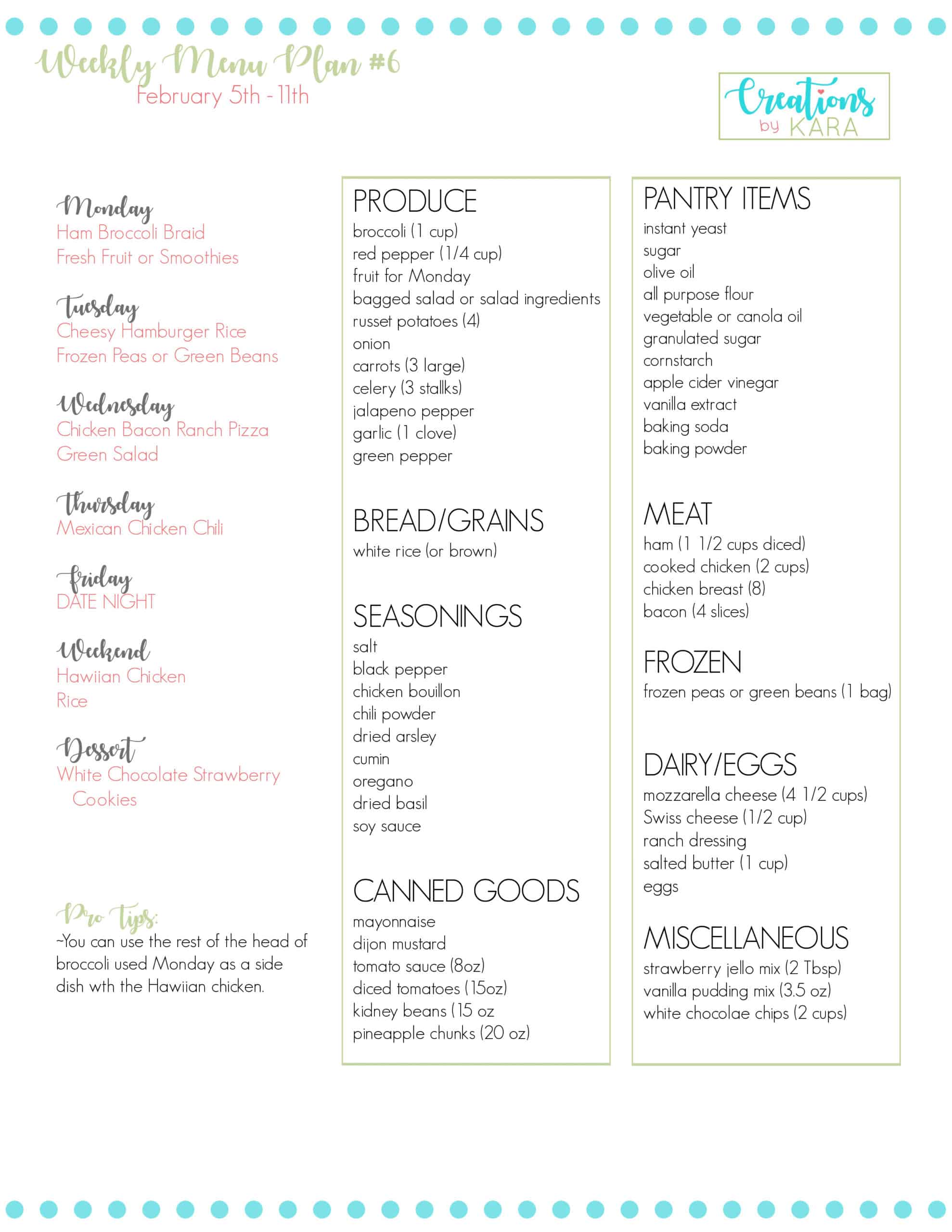 Weekly Menu Plan #6 - Creations by Kara