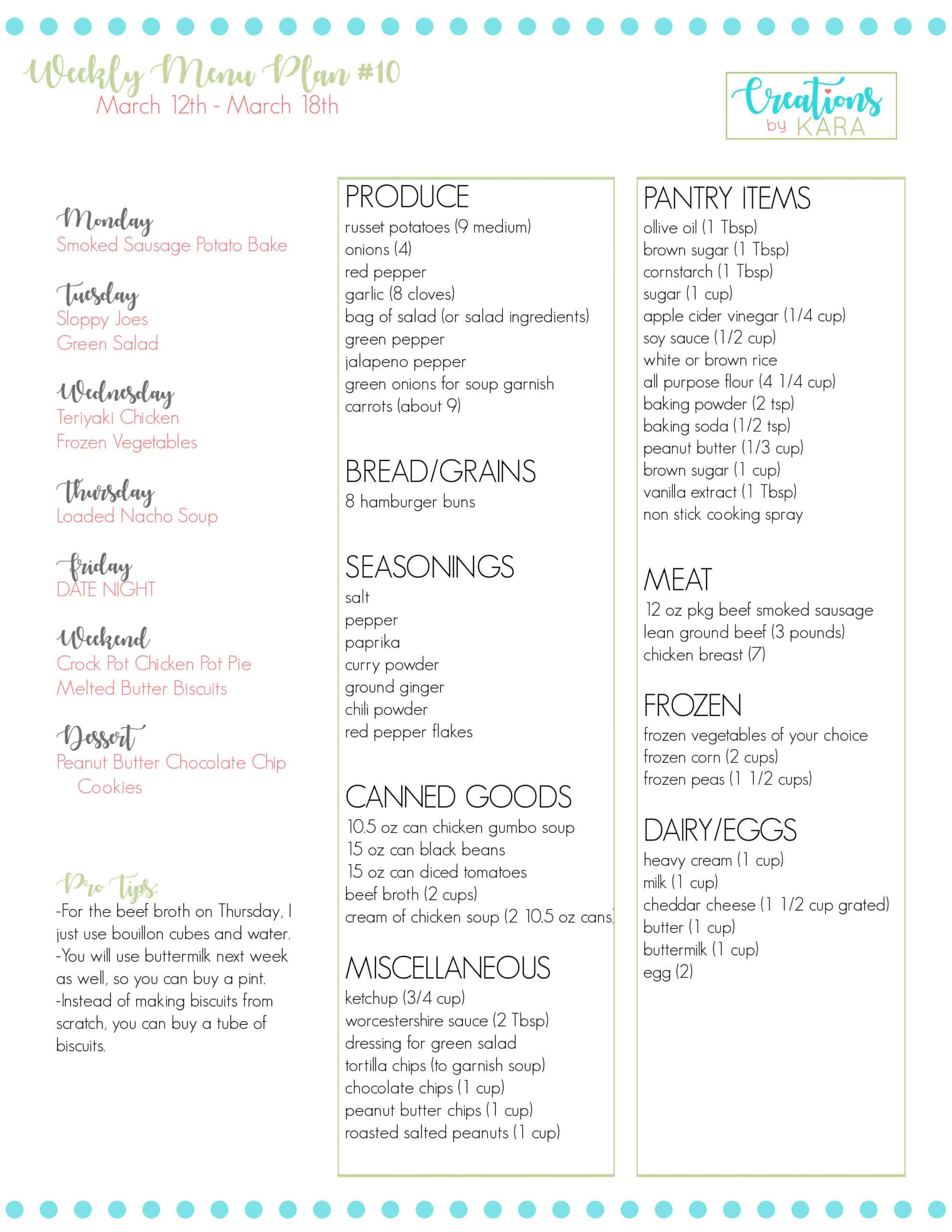 Weekly Meal Plan #10 - Creations by Kara