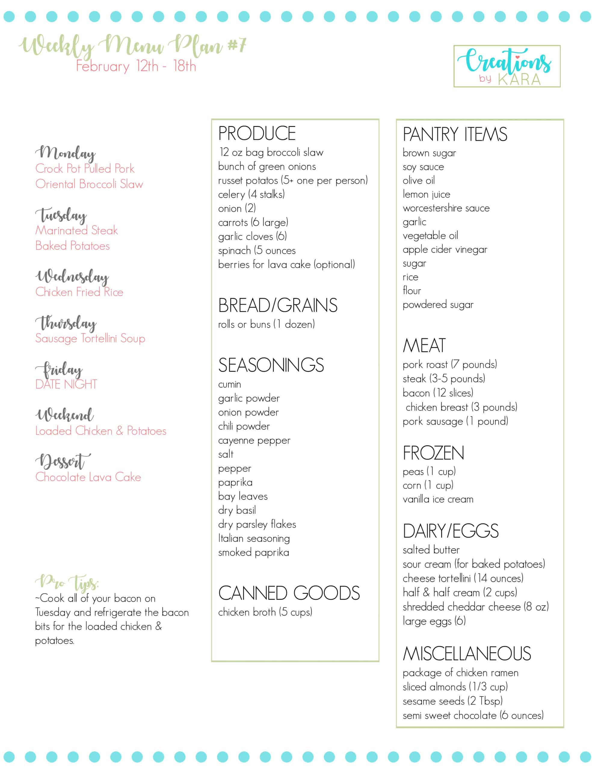 Weekly Menu Plan #7 - Creations by Kara