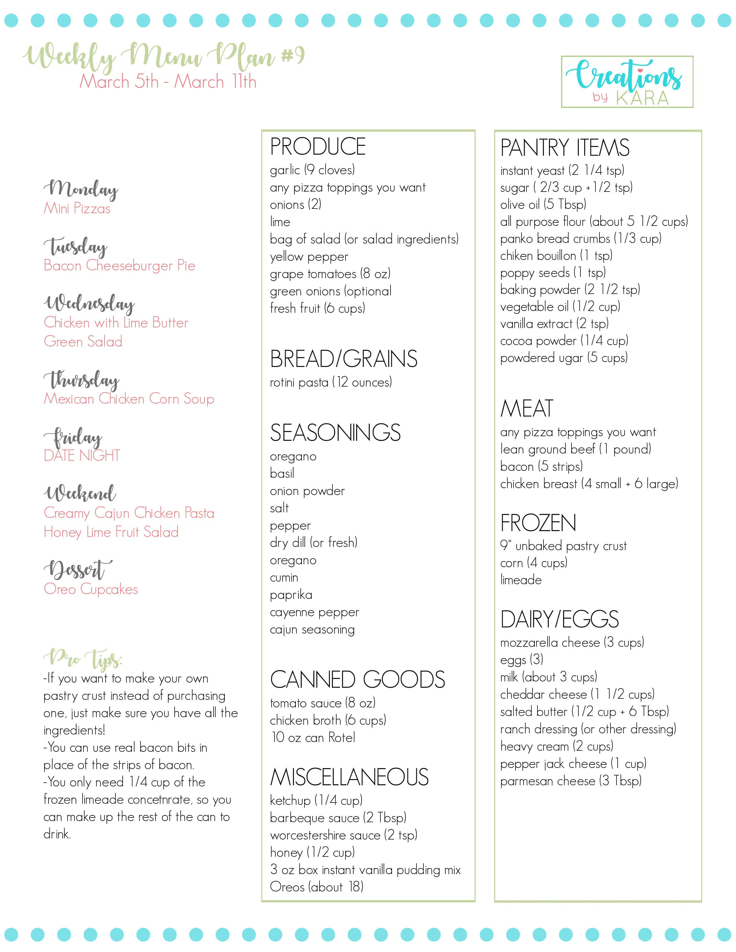 Weekly Menu Plan #9 - Creations by Kara