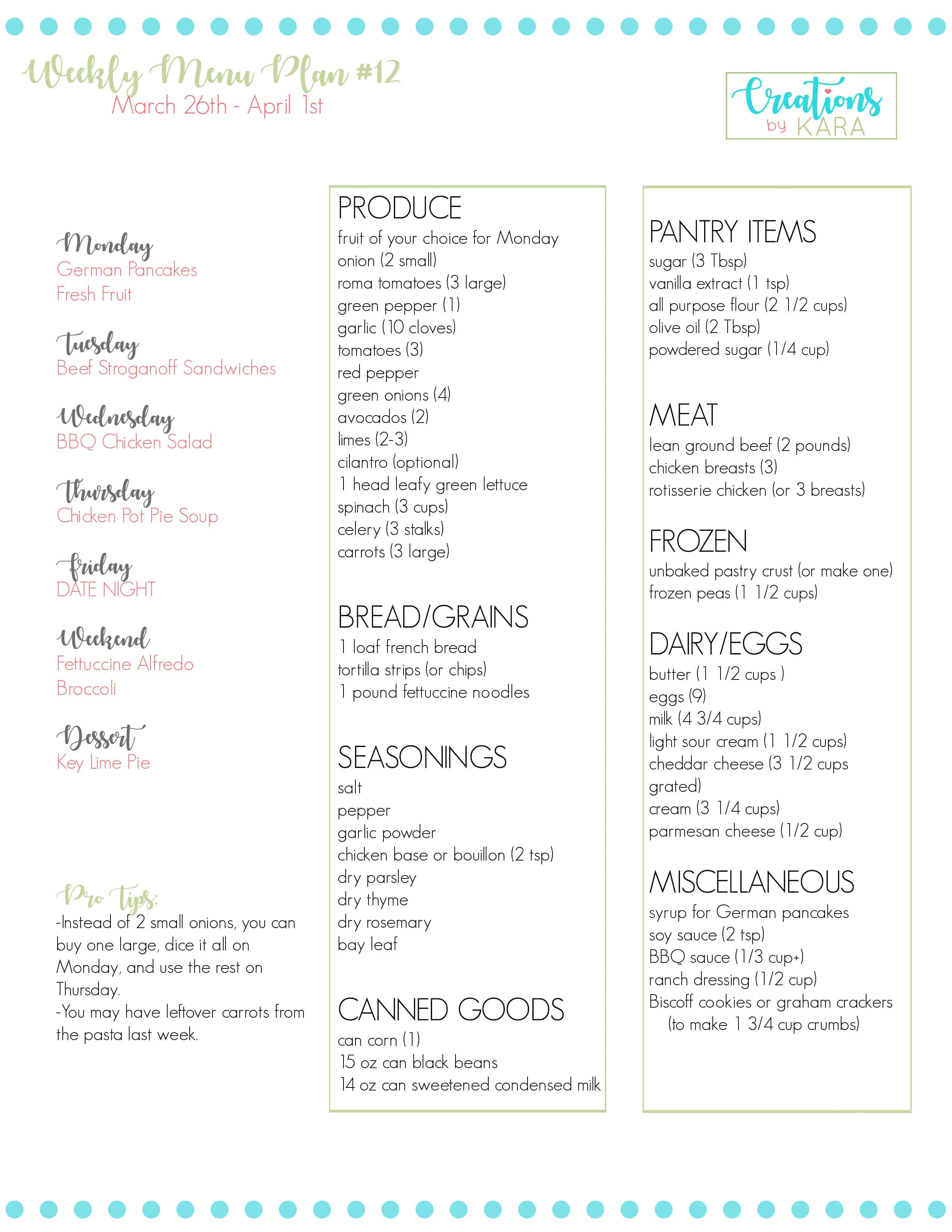 Weekly Meal Plan #12 - Creations by Kara