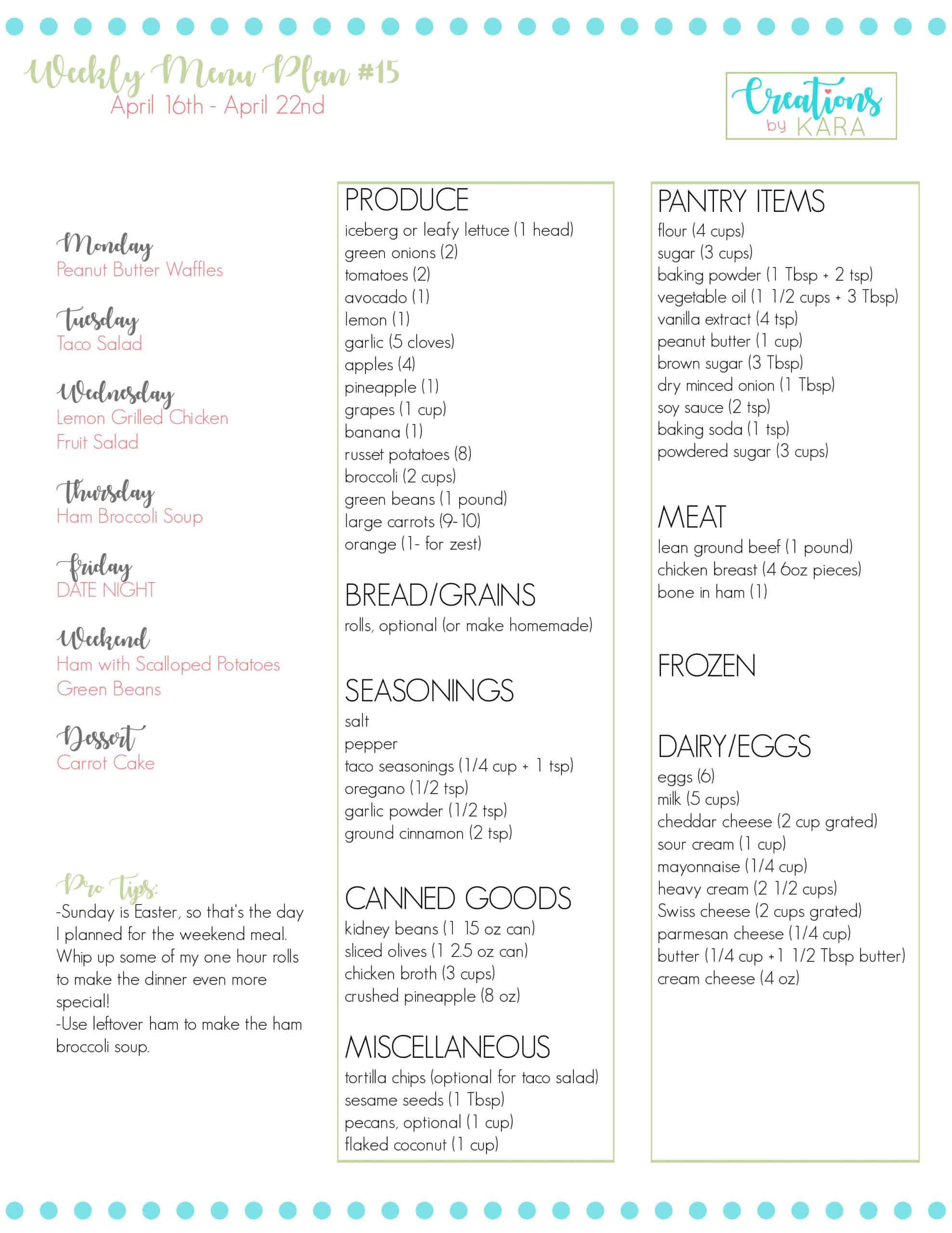 Weekly Meal Plan #15 - Creations by Kara