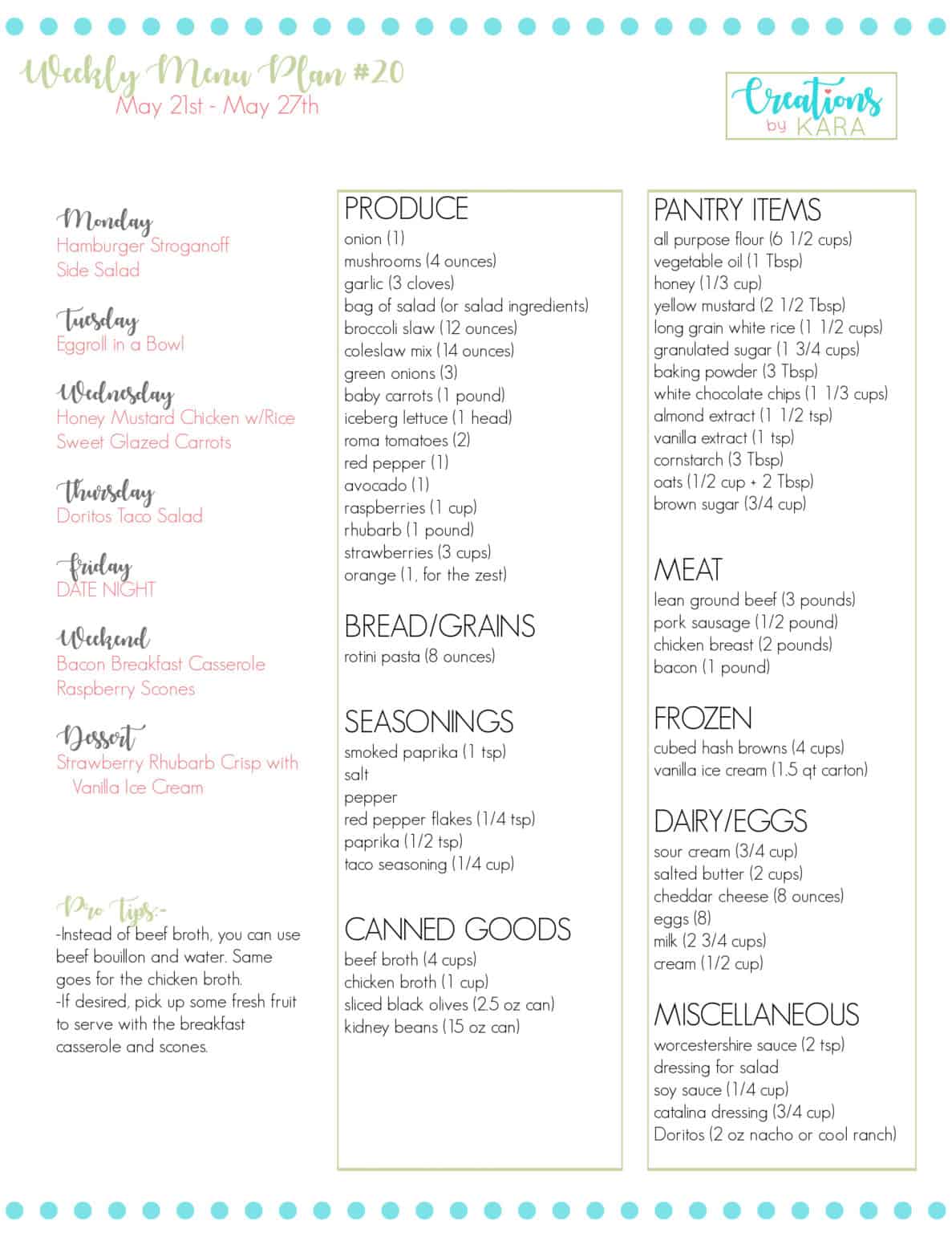 Weekly Meal Plan #20 - Creations by Kara