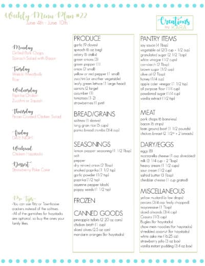 Weekly Meal Plan #22 - Creations by Kara