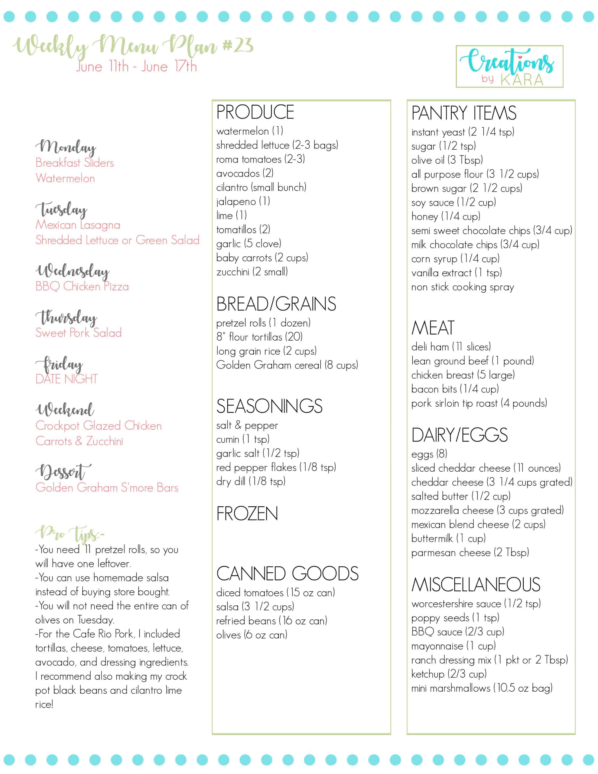 Weekly Meal Plan #23 - Creations by Kara