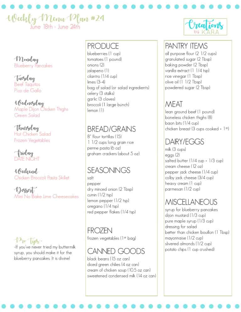 Weekly Meal Plan #24 - Creations by Kara