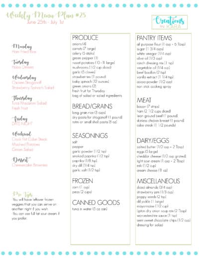 Weekly Meal Plan #25 - Creations by Kara