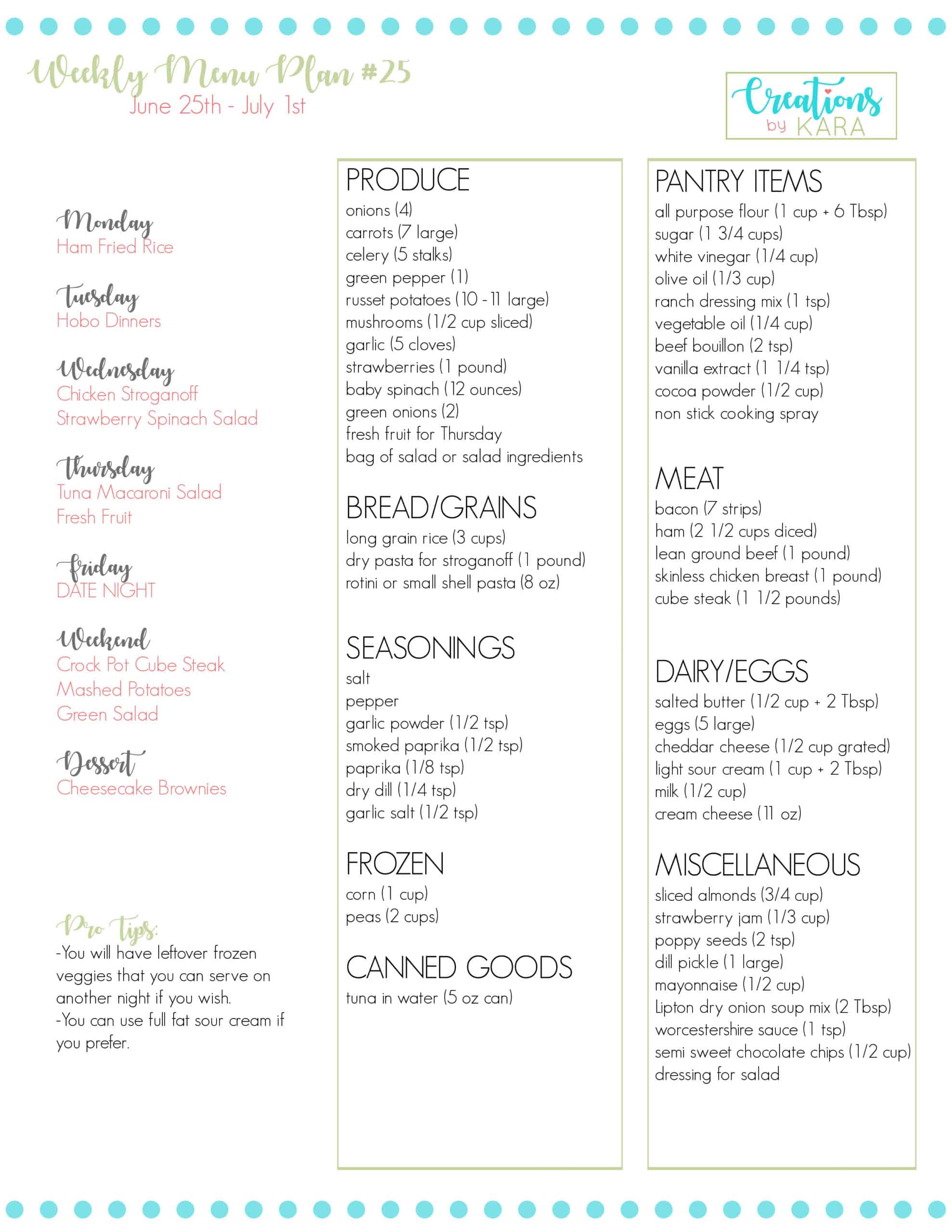 Weekly Meal Plan #25 - Creations by Kara