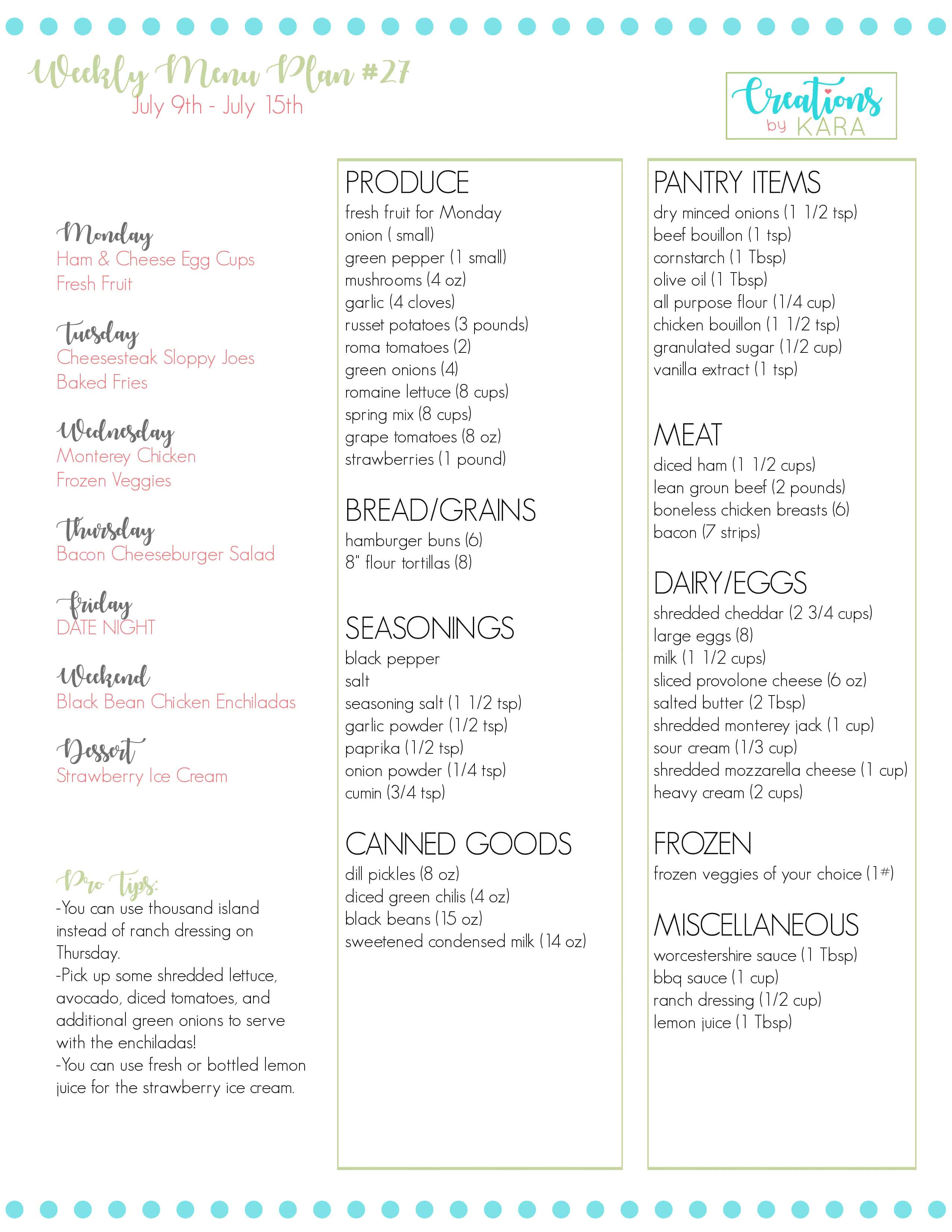 Weekly Meal Plan #27 - Creations by Kara