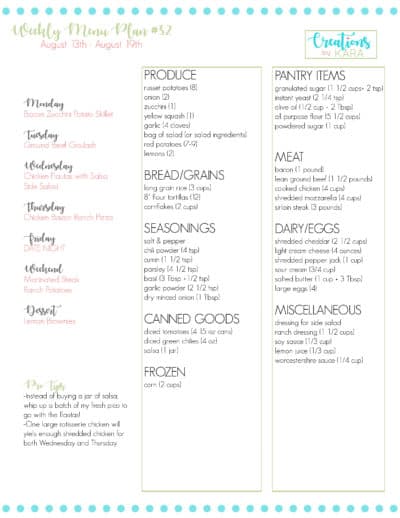 Weekly Meal Plan #32 - Creations by Kara