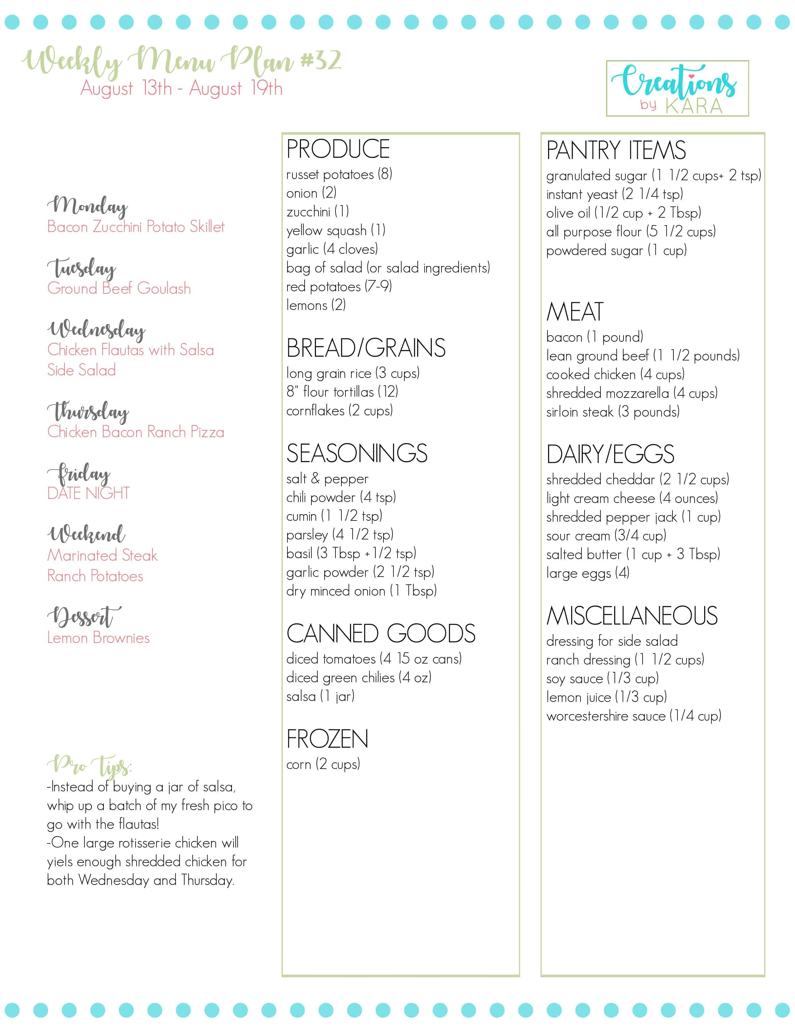 Weekly Meal Plan #32 - Creations by Kara