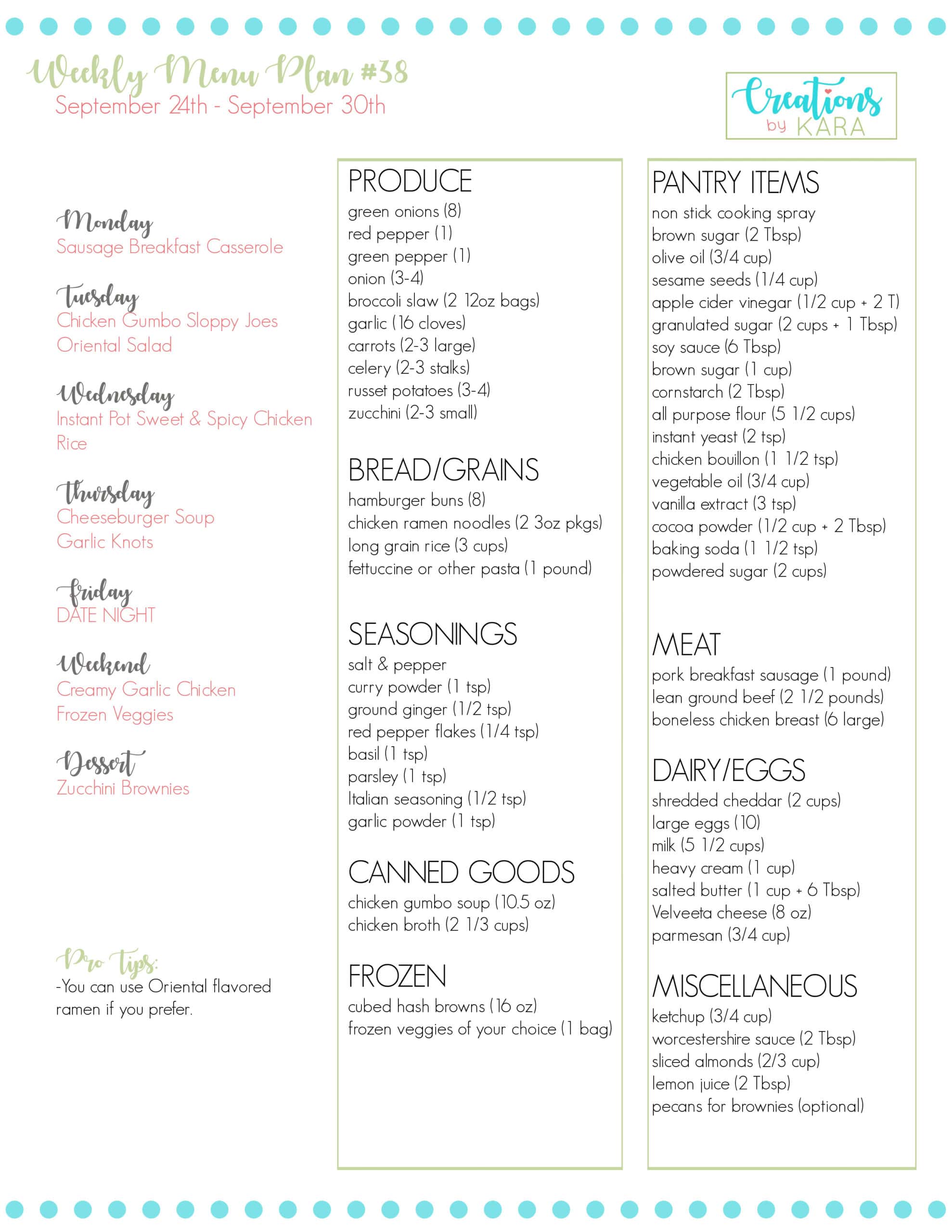 Weekly Meal Plan #38 - Creations by Kara