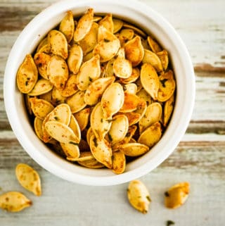 overhead shot of roasted ranch pumpkin seeds