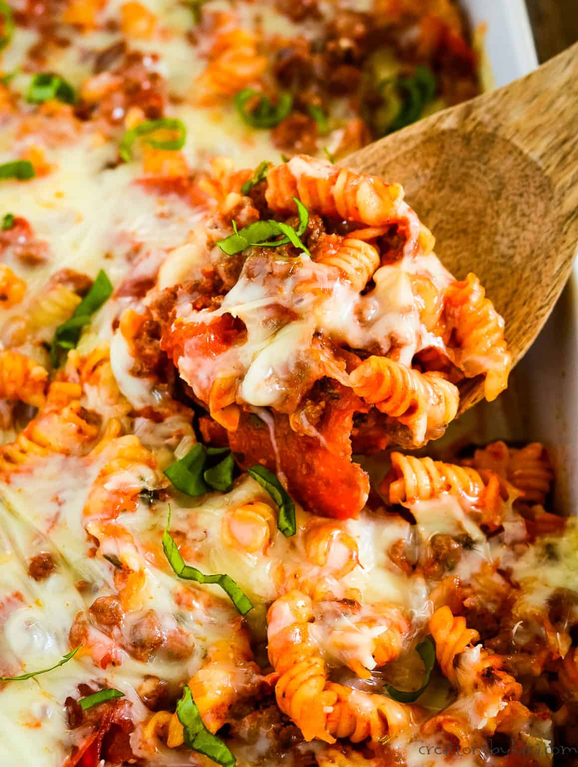 Recipe for Pizza Casserole with Pepperoni - Creations by Kara