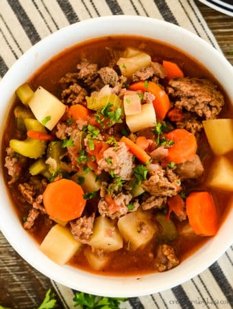 overhead shot of bowl of hamburger stew