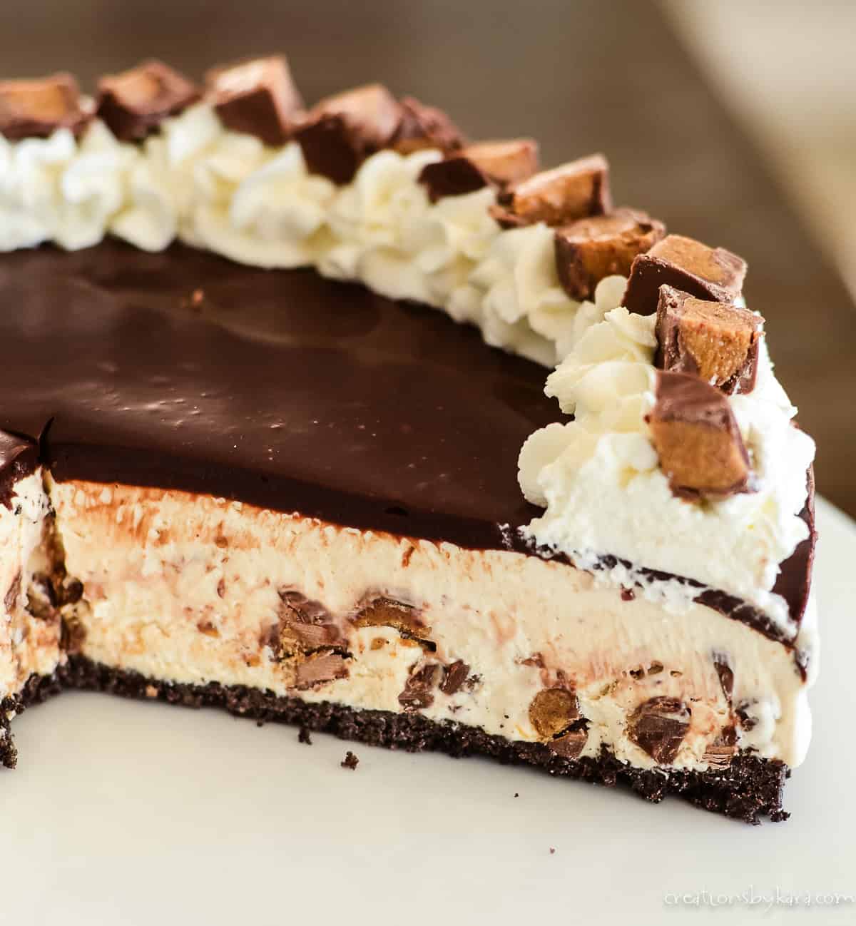 reese's ice cream cake with chocolate ganache and whipped cream