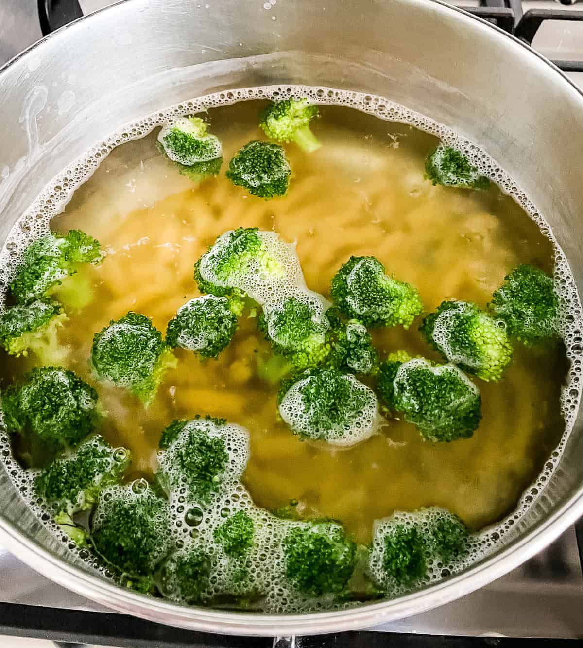 broccoli cooking in pasta water