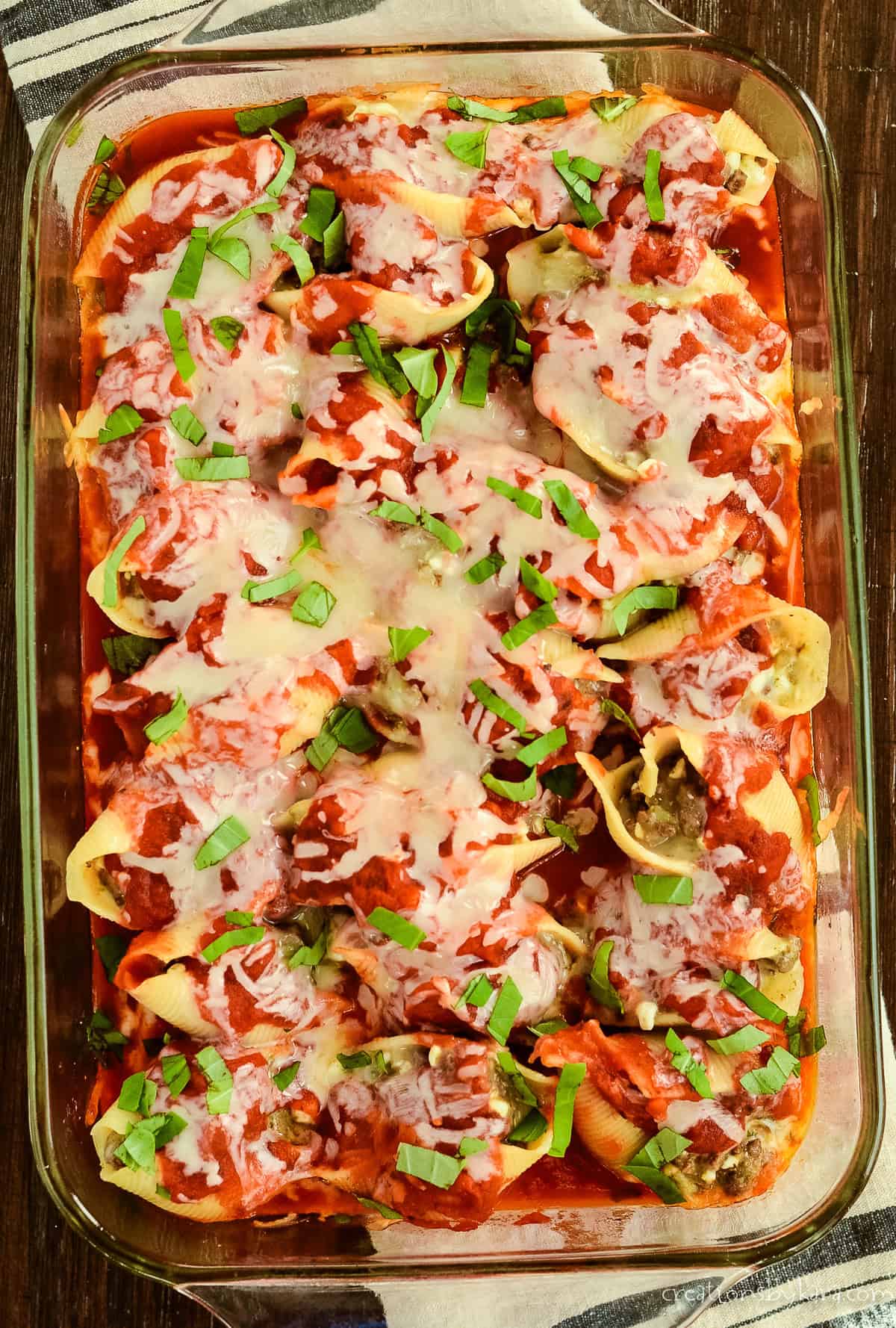 overhead shot of ground beef stuffed shells