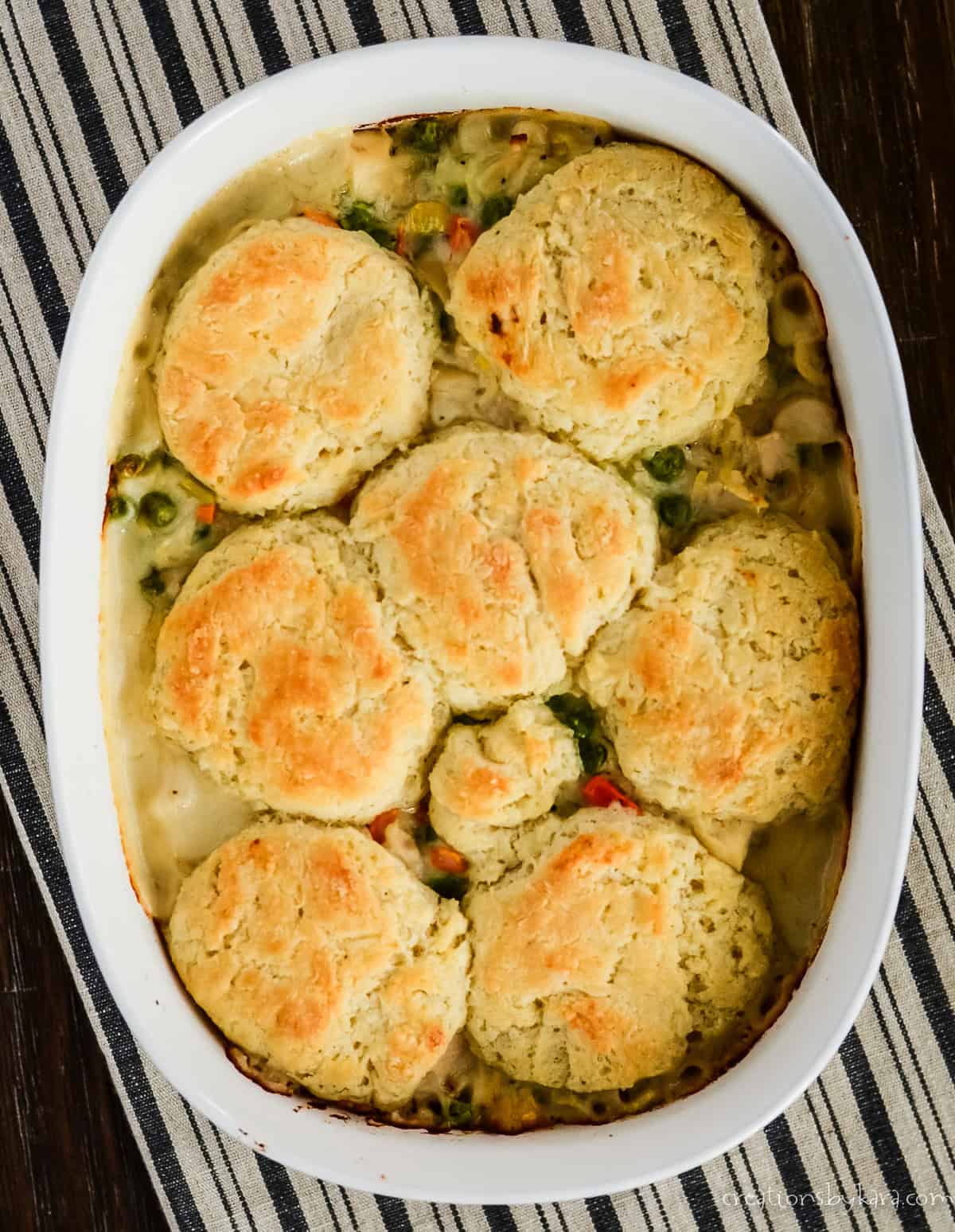 overhead shot of from scratch chicken and biscuits casserole