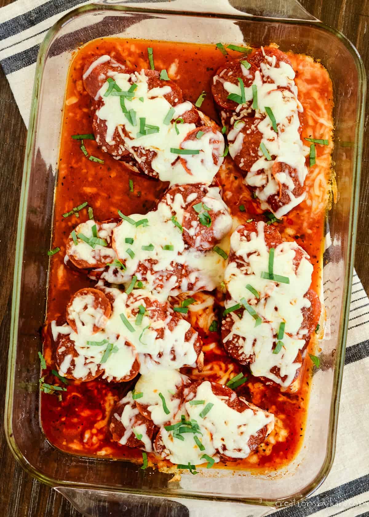 pan of pepperoni chicken with mozzarella