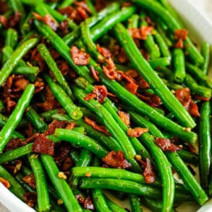 dish of sauteed green beans with bacon