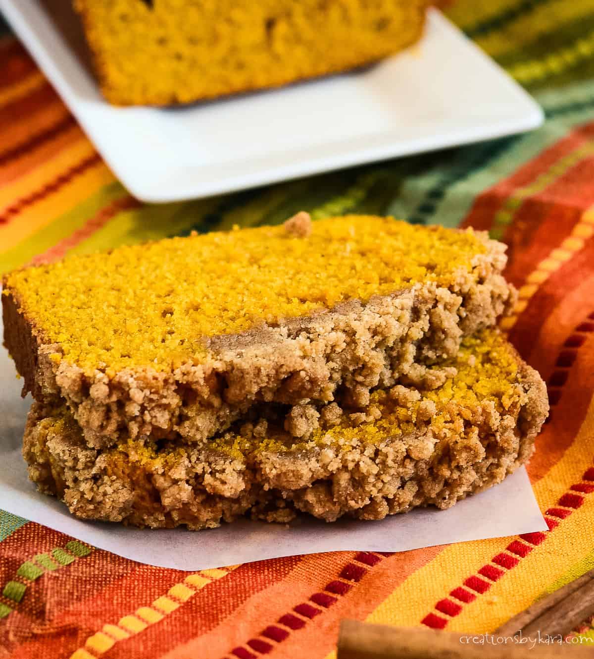 slices of pumpkin bread with streusel topping