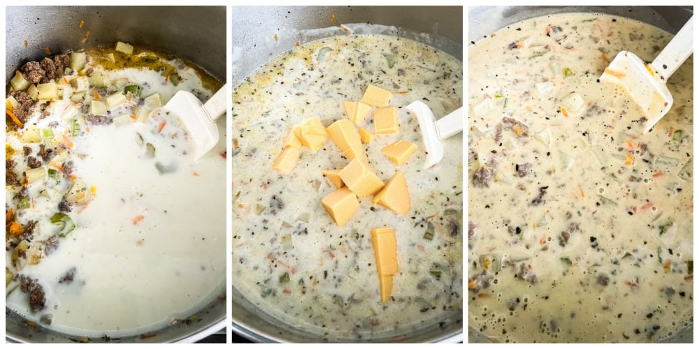 process shots - adding roux and velveeta to cheeseburger soup