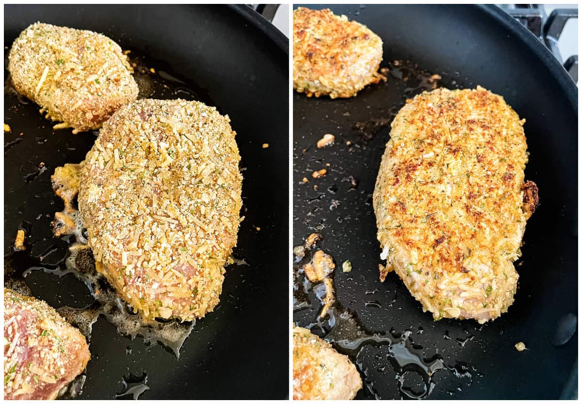 pork chops browning in a skillet