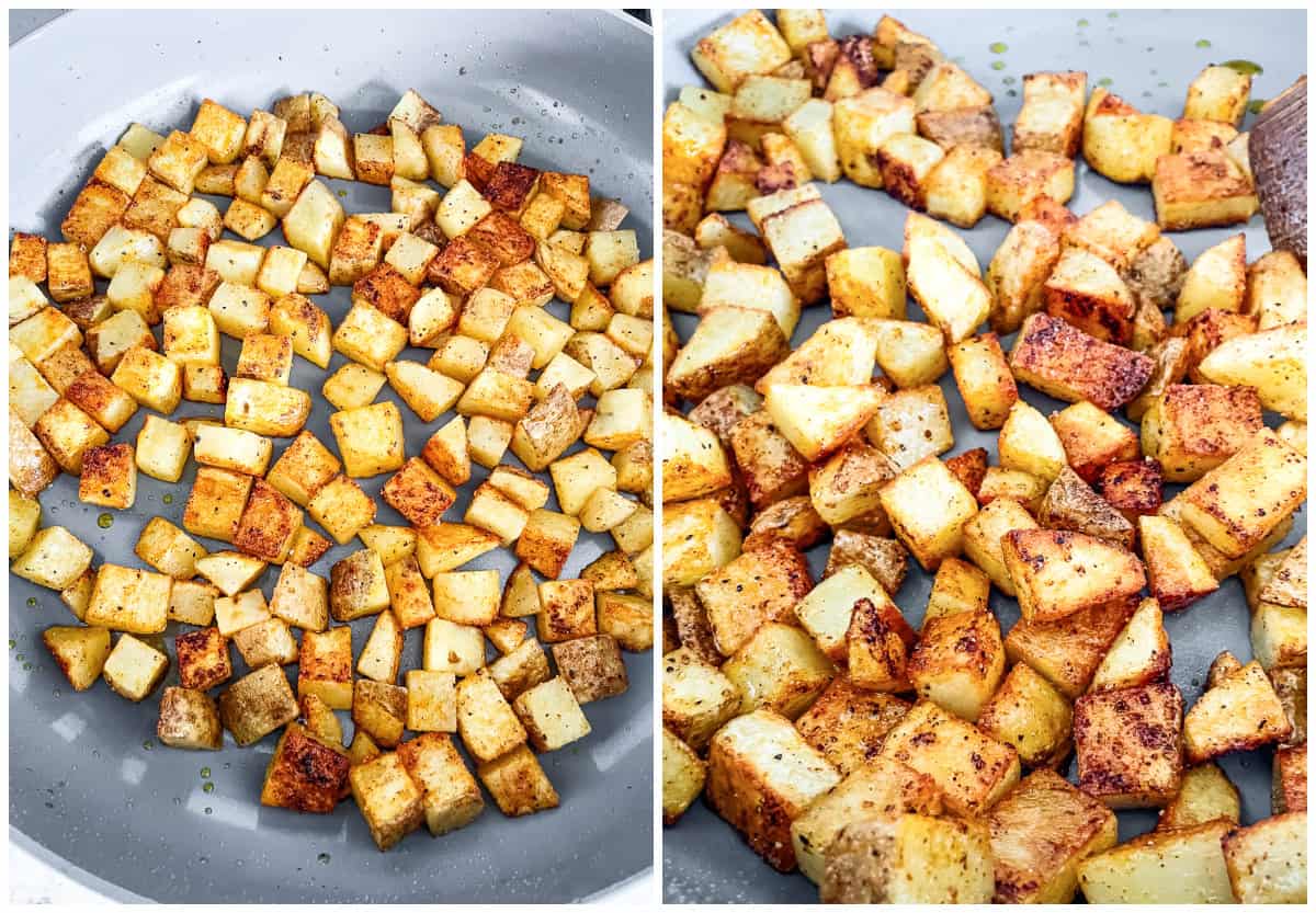 skillet of crispy sauteed diced potatoes