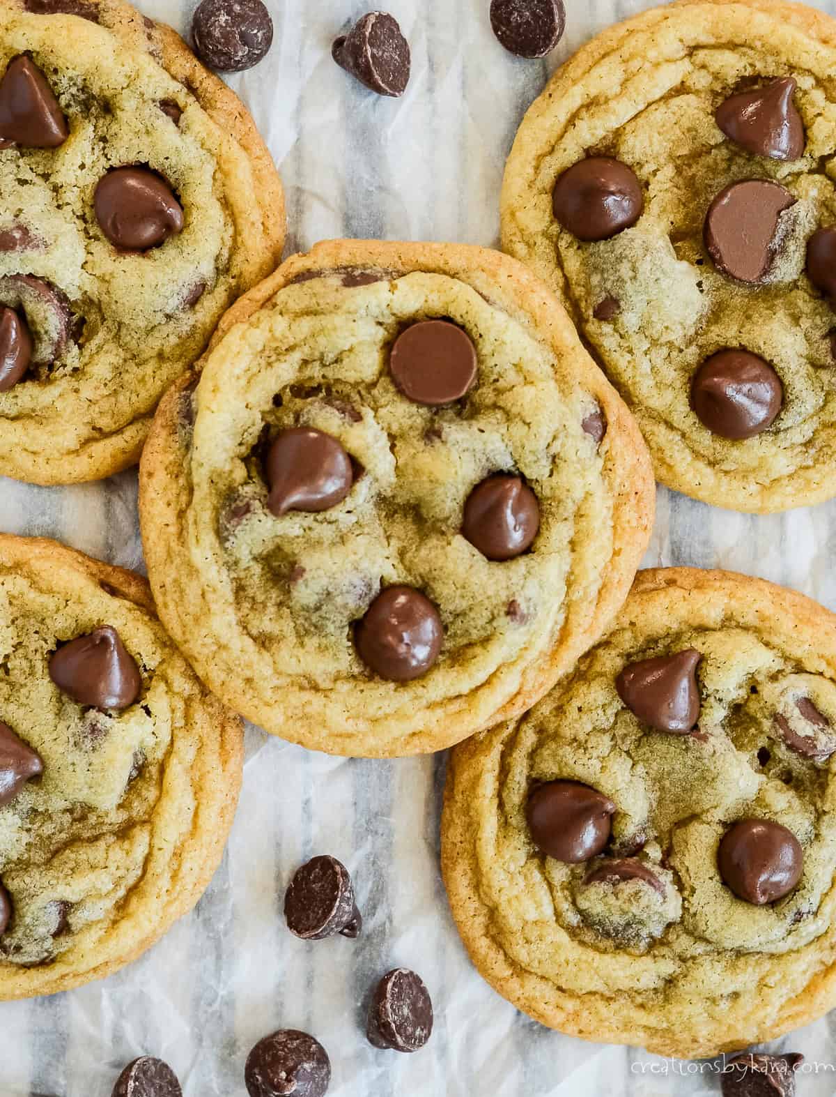 overhead shot of ghirardelli chocolate chip cookies