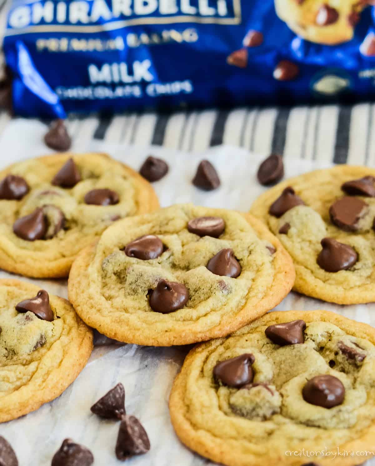 cookies with a bag of ghirardelli chocolate chips in the background