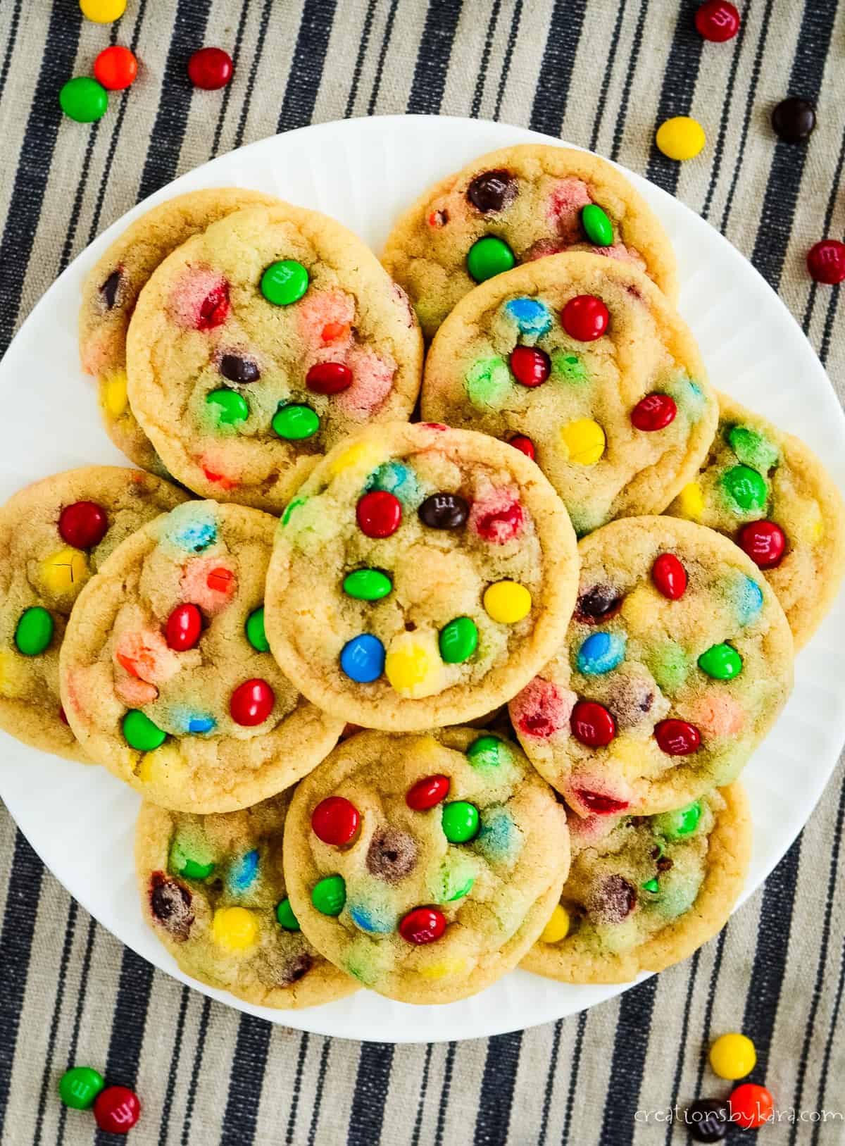 overhead shot of plate of mini M&M cookies