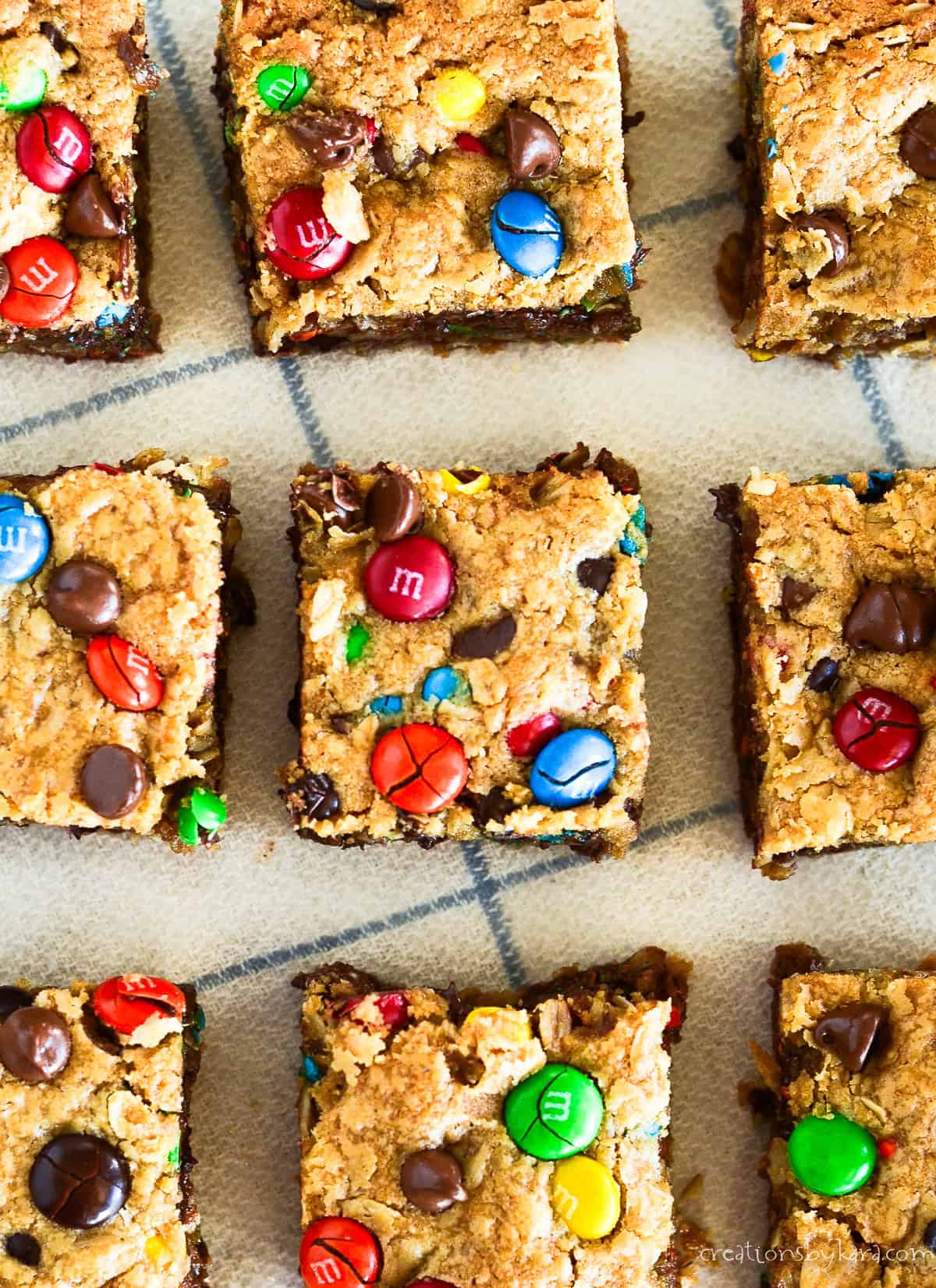 overhead shot of monster cookie bars with M&M's