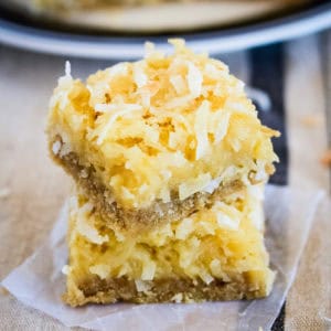 chewy coconut bars with buttery shortbread crust