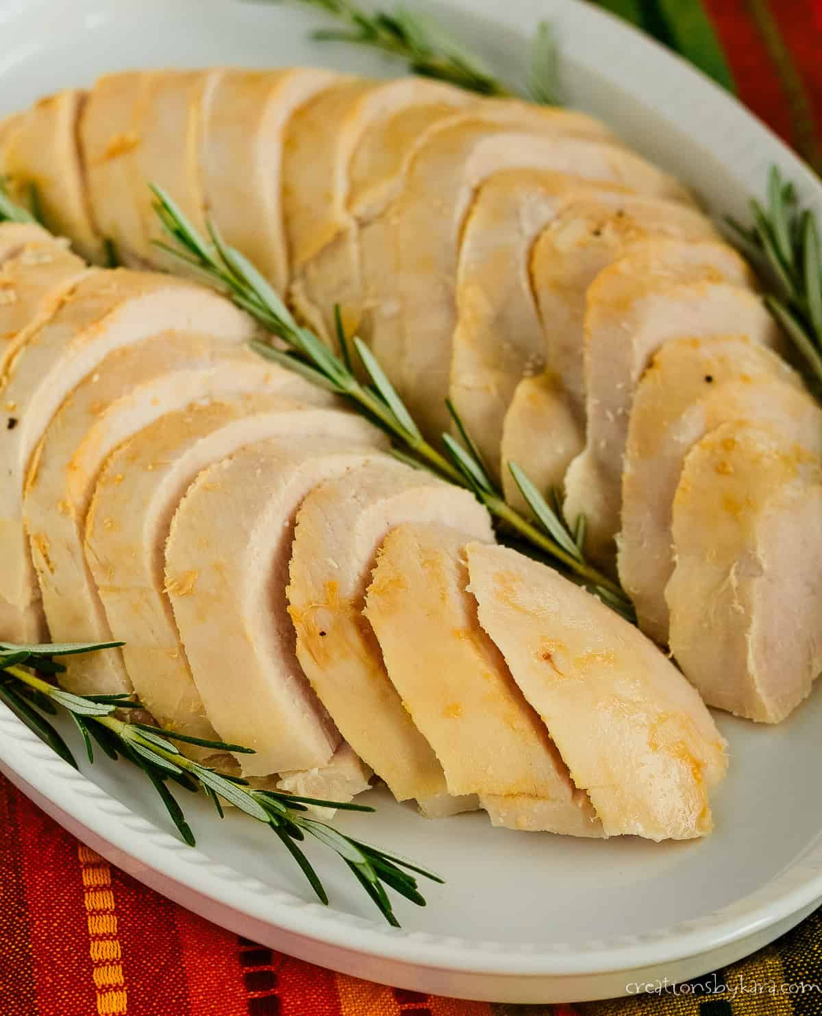 plate of sliced turkey made by roasting turkey upside down 