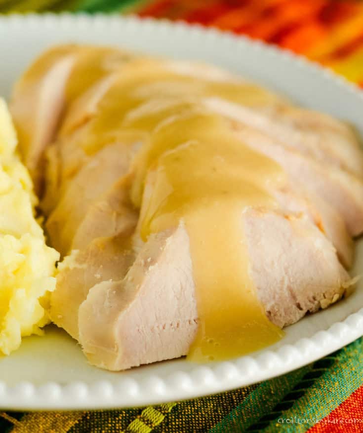 sliced thanksgiving turkey with turkey gravy