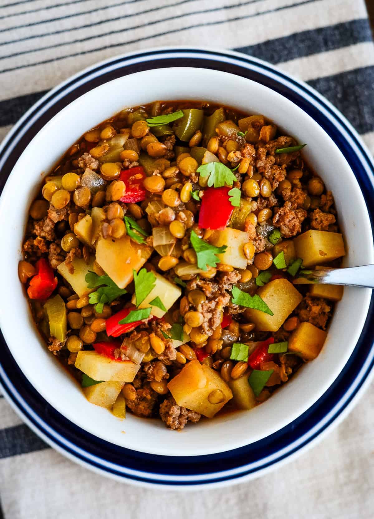 overhead shot of bowl of lentil sausage stew