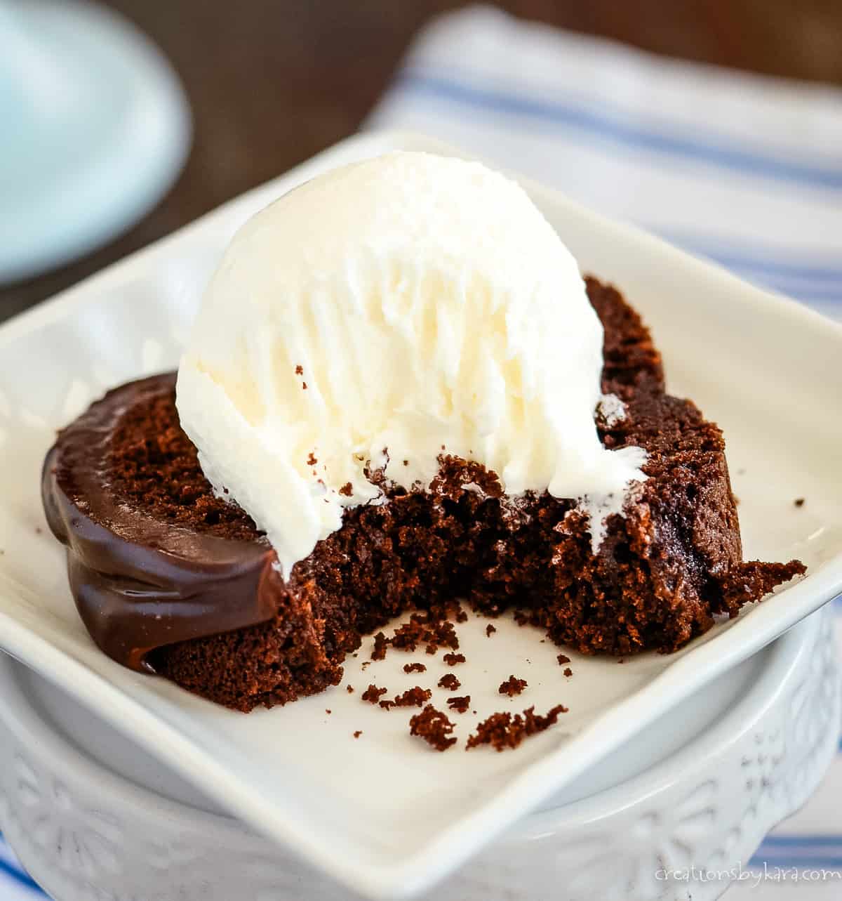 chocolate brownie cake slice topped with vanilla ice cream