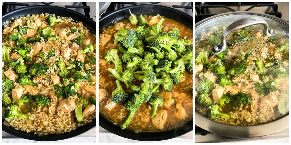 adding broccoli to cheesy chicken rice